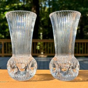 Vintage Fostoria ribbed lead crystal bud vases, set of 2.